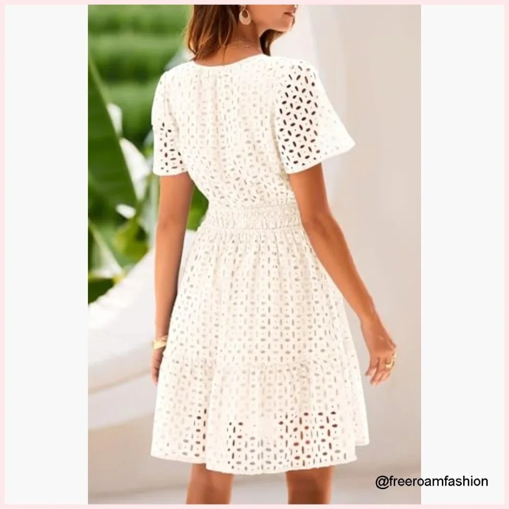 Summer A-Line V-Neck Lace Mini Dress Casual Beach Party - Picture 2 of 7